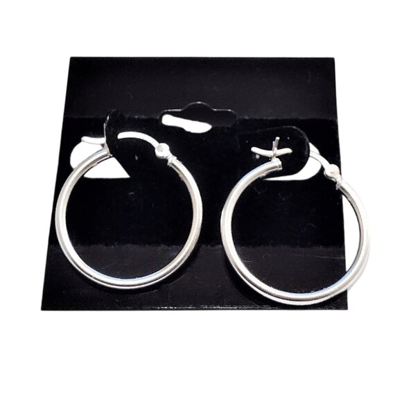 1 Inch Sterling Silver Hoops Pierced Post Earrings Large Marked 925 Round Tube - Picture 2 of 3